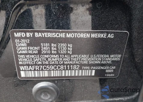 2012 BMW 535I from USA, damaged, VIN WBAFR7C59CC811182
